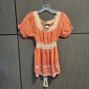 Y2k Baby doll Milkmaid Coral Orange Embroidered Lace Boho Cotton Blouse Top Med